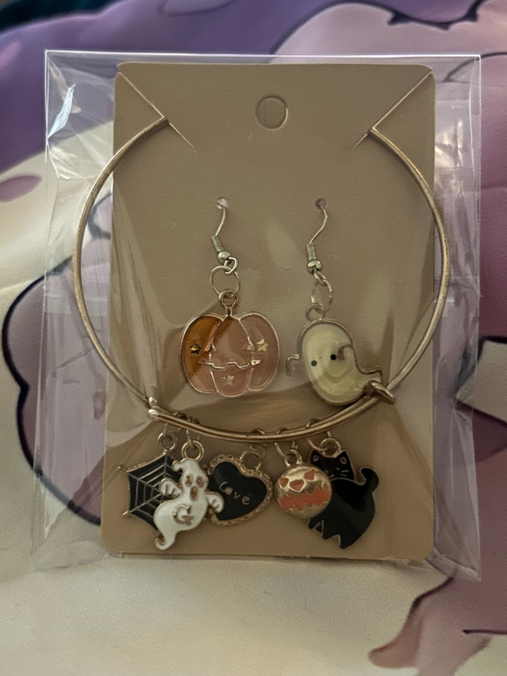 Halloween Charm Bracelet & Earring Set - Gold Tone with Orange and Cream Charms